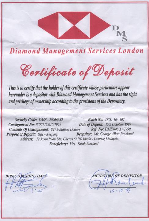 Certificate of Deposit - Diamond Management Services London